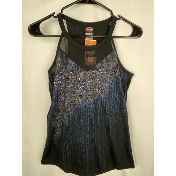 NWT Harley Davidson Tank Top Womens XS Black Blue Meshed Up Graphic Bling Mesh - Picture 1 of 11